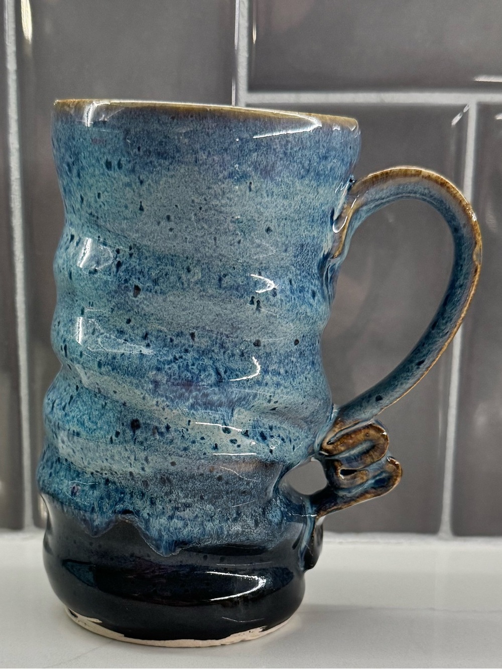 Handmade Blue Ceramic Mug with Speckled Gradient Glaze- Signed by Artist